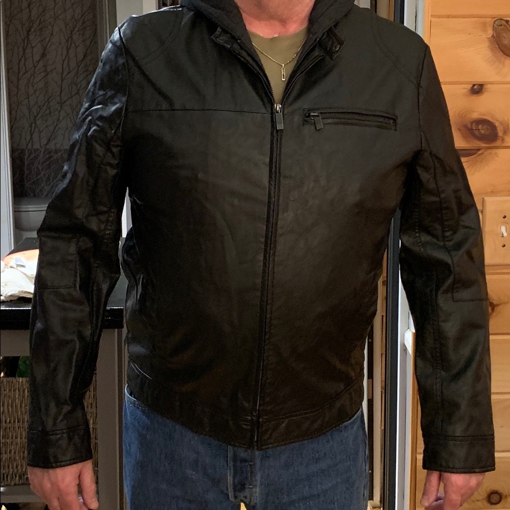 Kenneth Cole Faux leather jacket with fleece hood.
